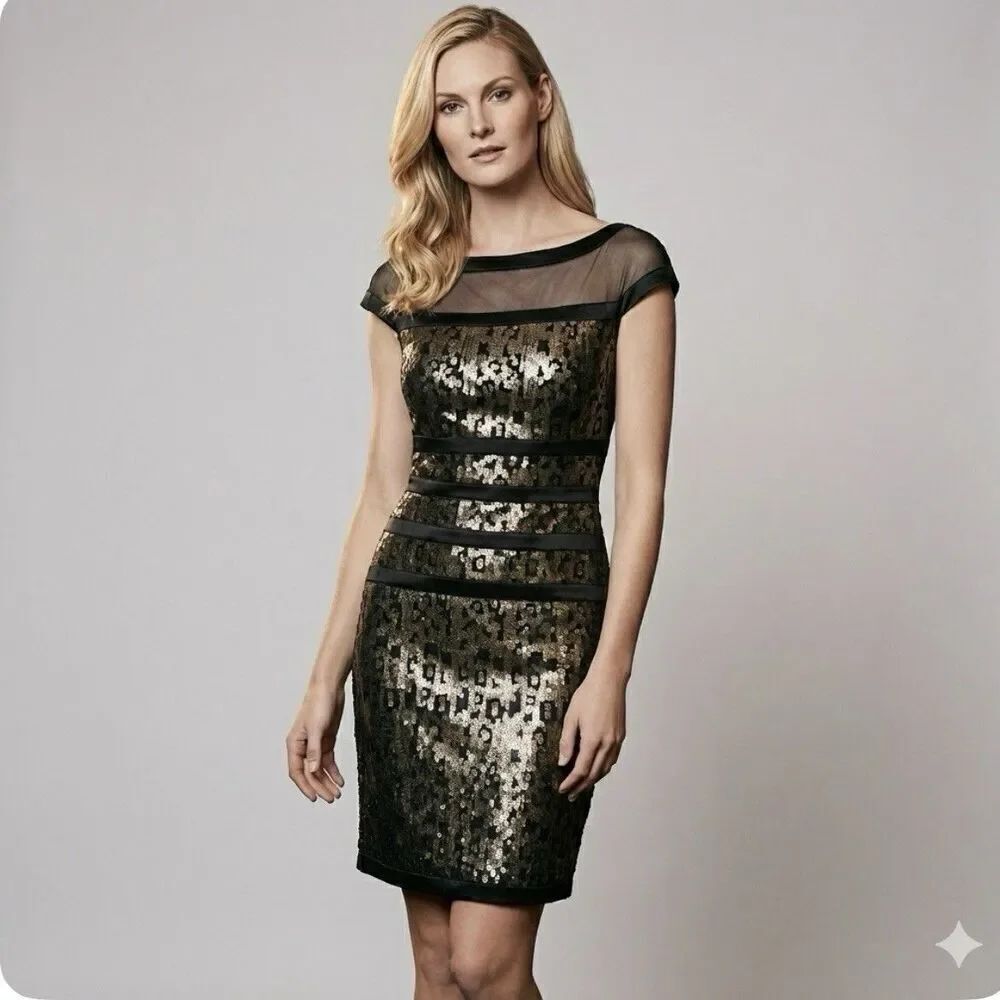 Tadashi Shoji Black Gold Sequin Mesh Illusion Cocktail Sheath Dress Size 8